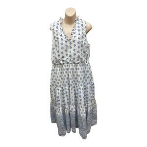 St John’s Bay Cotton Tiered Blue White Sleeveless Sun Dress Lined Size L Classic